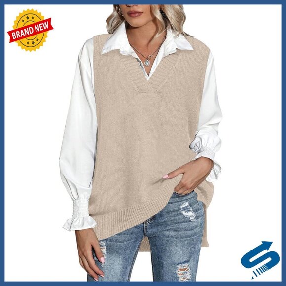 Sweaters - Oversized V-Neck Sweater Vest Sleeveless Knitted Pullover Fall Tops